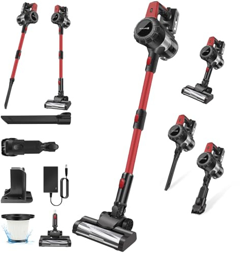 Cordless Vacuum Cleaner with Filters, LED Light, 3000mAh Rechargeable Battery, 15000PA Compact Powerful Multifunction Handheld Stick Vacuums & Electric Brooms, Anti-Tangle Upright Vacuum Cleaner, Red