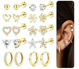 LOLIAS Ohrringe Gold Chirurgenstahl 14K Vergoldet Ohrstecker Gold Creolen CZ Conch Tragus Helix Piercing Set Goldene Ohrringe für Damen