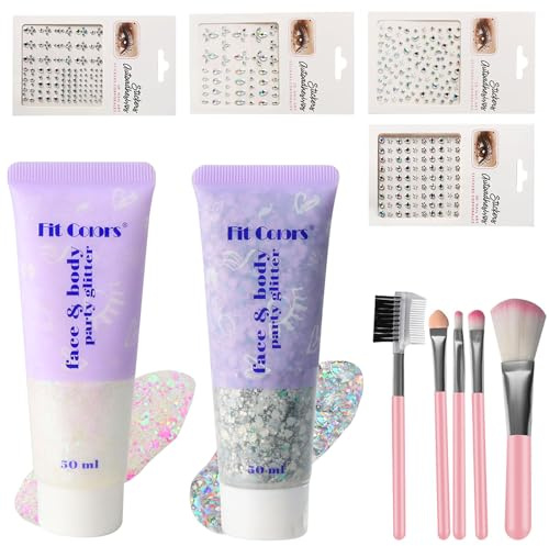 2 Stück Body Glitter gel mit 430Stück Glitzersteine Selbstklebend und 5 Pinsel, DIY Glitzer Strasssteine Sequins Glitter Gel für Festival Party Gesicht Körper Nägel Lippen Make Up (Weiß, Silber)