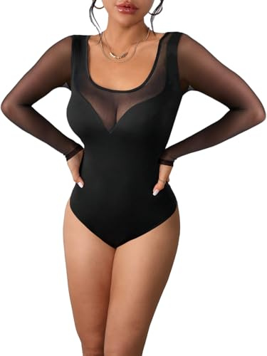 MAYFASEY Sexig strass bodys transparent mesh transparent tröja bodysuit topp, X50-svart, XL