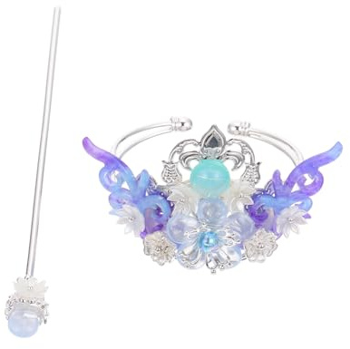 VALICLUD Tiara Han y Horquillas Cabello 2 Piezas Aleación Color Plata Degradado Azul Estilo Tradicional Chino para Mujeres Uso en Fiestas y Fotografía