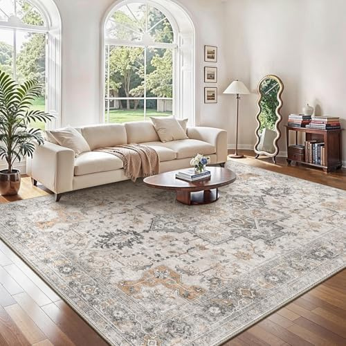 GENIMO Alfombra Salon Vintage Alfombras de Área Lavables en Máquina, Alfombras con Base Antideslizante, Alfombra de Dormitorio de Pelo Corto para Cocina, Comedor, Marrón Claro Taupe, 240X300CM