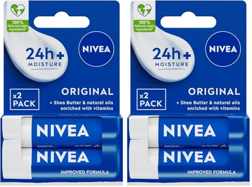 NIVEA Original Care Duo Pack Lip Balm (2x 4.8g), Lip Moisturiser Deeply Hydrates for 24h+, 100% Natural Origin Ingredients, Shea Butter, and Vitamins, Lip Care (Pack of 2)