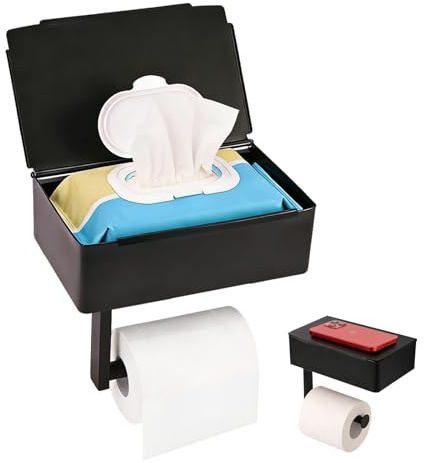 Toilettenpapierhalter Ohne Bohren 304 Edelstahl - 2-in-1 Klopapierhalter mit Feuchttücherbox & Ablage, Doppelte Installationsmethode, Geräuschloses Design Schwarz für Badezimmer, Küche