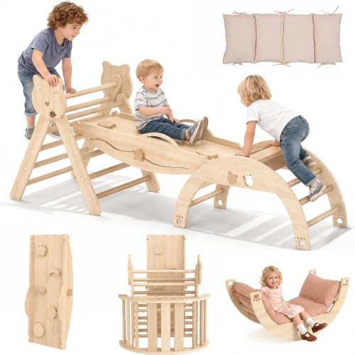 Freelawn Klettergerüst Indoor mit Rutsche & Kletterbogen, Montessori | Naturholz, Montessori Spielgerät für Kinder, Indoor Klettergerüst mit Rutsche, Kletterbogen und vielseitigen Bewegungsmöglich