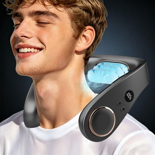 Kouric Nackenventilator mit Kühlung, Halsventilatoren Extra Leise (35dB) 24 Std. USB-C 5500mAh, 5 Stufen & LED-Display, Rotorloser Ventilator zum Umhängen-für Frauen/Männer/Kinder/Draußen/Drinnen