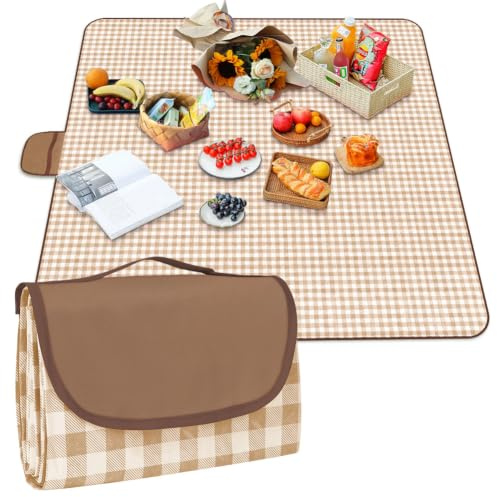 AYBUY Picknickdecke, 200 x 200cm, Faltbare Campingdecke mit wasserdichter Unterseite，Sandfeste Strandmatte mit Tragegriff，Waschbar Picknickdecken für Outdoor, Camping, Strand, Park, Kaffeeblau | AYBUY Picknickdecke, 200 x 200cm, Faltbare Campingdecke mit Wasserdichter