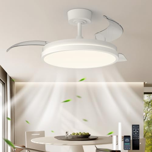 JIINOO Ventilador de Techo con Luz LED y Aspas Retráctiles, Mando, 106 cm