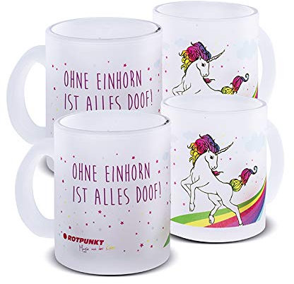 ROTPUNKT Unicorn frosted glass cup, dishwasher safe, 300 ml capacity, large handle (motif 3, frosted glass 2 cups).