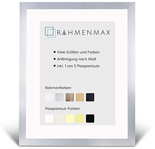 RahmenMax® Morena Bilderrahmen 50x70 cm mit Passepartout passend für Bild A2 42x59,4 cm/Maßanfertigung möglich/MDF Bilder Rahmen/Rahmenfarbe: Alu-gebürstet, Passepartoutfarbe: Ultra Weiß