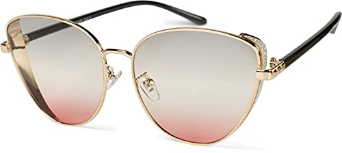 styleBREAKER gafas de sol de mujer de ojos de gato con elemento brillante en las lentes, montura de metal y lentes de policarbonato 09020104, color:Montura dorado/vidrio gris-albaricoque degradado