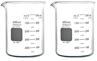 PYREX Griffin Borosilicate Glass Beaker- Low Form Graduated Measuring Beaker with Spout– Premium Scientific Glassware for Laboratories, Classrooms or Home Use - PYREX Chemistry Glassware, 600mL, 2/Pk