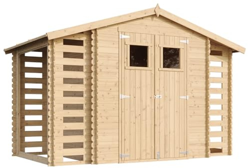 Holzhaus Gartenhaus mit Brennholzschuppen TIMBELA M391+M391G - mit Boden Imprägnierte B328xL206xH218 cm/ 3,53 + 0,97 + 0,97 m2 Lagerschuppen für Garten - Fahrrad Schuppen - Wasserfestes Dach