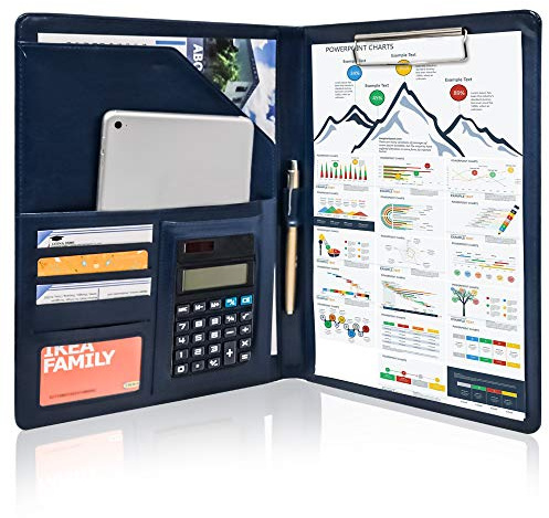 GraduatePro Schreibmappe A4 Leder Ordner Mappe Klemmbrettmappe Dokumentenmappe mit Deckel Organizer Clipboard Fächern Blau