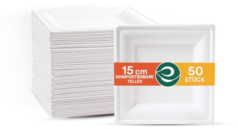 ECO SOUL 15 Cm (6 Zoll) weiße quadratische Einwegteller [50 Stück] | Kompostierbare Bagasse-Teller aus Zuckerrohr | Umweltfreundlich, biologisch abbaubar, stabil & plastikfrei