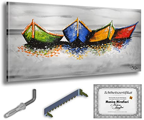 Monica Mirafiori I 100% HANDGEMALT I Gemälde Boote am Strand 120x60cm | Gemälde Handgemalt | Acrylgemälde | Sehr Großes Acrylbild I Moderne Kunst I Kunstbilder