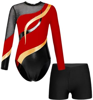 Oyolan Mädchen Kinder Gymnastikanzug Turnanzug Glitzernde Gymnastikbody Langarm Turntrikot mit Kurze Hose Tanzkostüm Rot 146-152