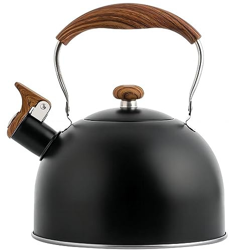Beruyu Tea Kettle for Stove Top, 2.5 Quart Whistling Tea Kettle, Food Grade Stainless Steel Tea Pot Stovetop with Wood Pattern Folding Handle for All Stovetops (Matte Black)