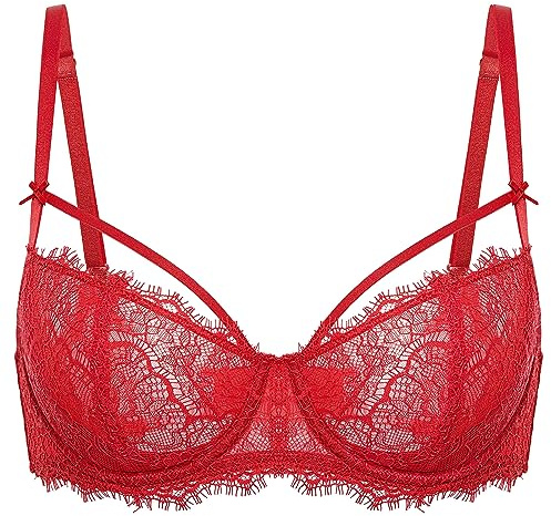 DOBREVA Damen Sexy Spitzen Push Up BH mit Bügel Transparent Balconette BHS Ungefüttert Lippenstift Rot 75A