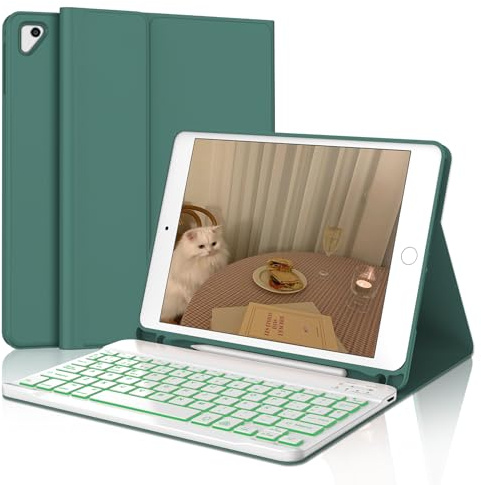 IVEOPPE Funda Teclado iPad 6 Generación 9.7“, Teclado Español Ñ Bluetooth Retroiluminados Desmontable para iPad 6 Gen 2018/5 Gen 2017/Air 2/Air 1/Pro 9.7, Verde Oscuro