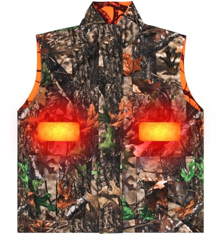VicBre Gilet da caccia riscaldato da uomo, mimetico e arancione, reversibile, per escursionismo, sci, pesca, campeggio (M-4XL), Camo & Arancione, XX-Large