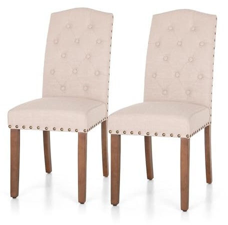 ALPHA HOME Esszimmerstühle 2er Set, Küchenstuhl Polsterstuhl mit hoher Rückenlehne Stühle mit Massivholzbeinen, gepolsterte Sitzfläche aus Leinen, Beige