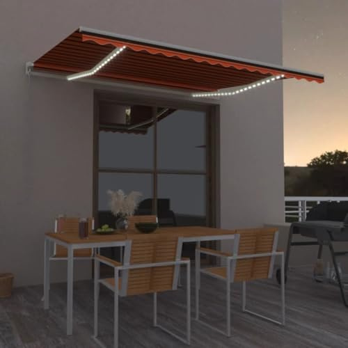 SECOLI Manuelle Gelenkarmmarkise mit LED, Gelenkarmmarkise Einziehbar 400 x 300 cm, Versenkbaren Markise, Markise Gelenkmarkise, Sonnenmarkise Terrassenmarkise Klemmmarkise Orange und Braun