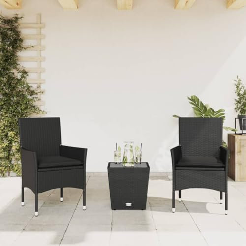 Gecheer 3-TLG. Bistroset, Bistrotisch mit 2 Stühlen, Balkonmöbel, Gartenmöbel, Kissen, Grau Poly Rattan und Glas