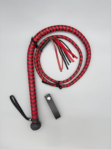 Generisch Fouet en cuir de taureau rouge/noir avec franges, 183 cm et 183 cm