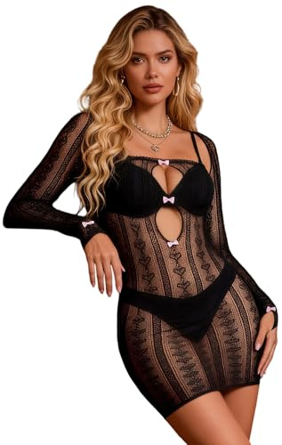 ohmydear Fishnet Lingerie for Women Sets Plus Size Long Sleeve Babydoll Chemise Sexy Nightwear Sheer Mesh Rave Outfits Stretchy Mini Night Dress XS-5XL