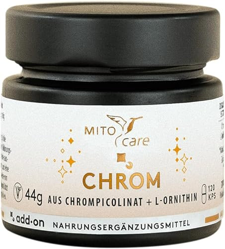 MITOcare Chrom Picolinat - hochdosiert - 188µg Chrom pro Kapsel + L-Ornithin - Chrom Tabletten - vegan & ohne Zusatzstoffe - 4 Monatspackung mit 120 Kapseln - Produziert in Deutschland
