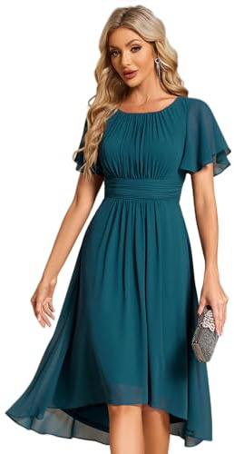 Ever-Pretty Women's Chiffon Crew Neck Pleated Waist Short Sleeve Wedding Guest Dress Bridesmaids Teal 14UK