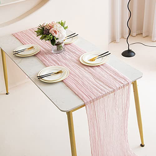 Boho Gaze Käsetuch Chiffon Hellrosa Tischläufer 90x300 cm, Gaze Rustikal Tischläufer Küche Tisch Dekoration Drinnen Urlaub Hochzeit Party Geburtstag Dekor