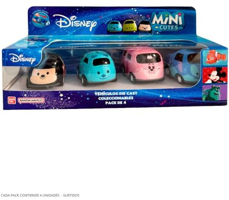 BANDAI - Mini Cutes Cars - Pack de 4 vehículos de fricción de 6 cm, Juguete Disney: Mickey, Sulley, Catshire, Stich, vehículos de Juguete Multicolor de Personajes Favoritos, AR79362