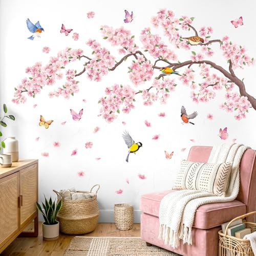 DECOWALL SG2-2427 Adesivi Murali Fiori Rosa e Uccello Rami di Ciliegio Albero Camera da Letto Soggiorno Divano TV Sfondo Decorazioni Murali Floreali Peel and Stick Carta da Parati Primaverile