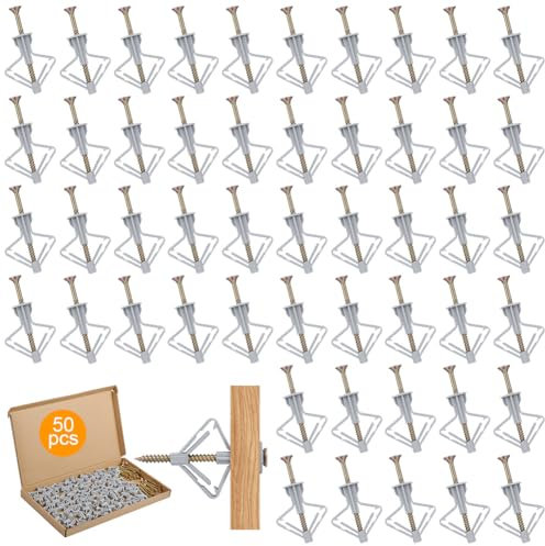 vsshe Viti e Tasselli per Cartongesso, 50pcs Tasselli Autofilettante per Cartongesso,Fissaggi per Cartongesso Autoperforanti,viti e tasselli per cavità a farfalla per fissare cornici,pannello,mattoni