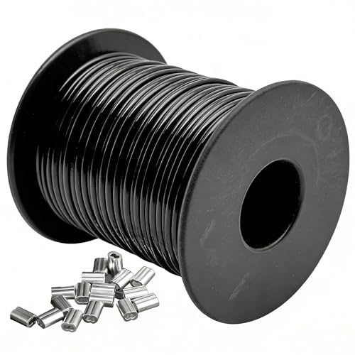 304 Wire Rope, Stainless Steel PVC Black Coated Wire Cable with 30 Aluminum Crimping Sleeves Cable 7x7 Strand Core stainless steel cable for Garden, Fence and DIY Balustrade (Black, 1mm x 30m)