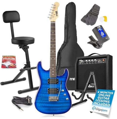 Max GigKit Beginner Electric Guitar Bundle in Blue with 40W Amplifier, Folding Musician Stool & Guitar Stand – Complete Starter Pack for New Guitarists