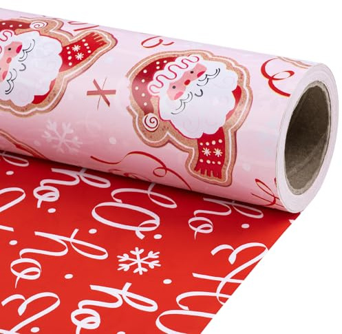 RUSPEPA Weihnachts-Wendepapierrolle, Mini-Rolle, süßer Weihnachtsmann, Schleifen-Design, elegantes rotes Ho-Ho-Ho-Geschenkpapier, perfekt für Weihnachtsgeschenke, 43,2 cm x 10 m