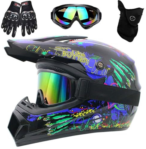 Motorradhelm, DOT-Zertifizierter Integralhelm für Dirtbikes, für Kinder, Jugendliche und Erwachsene, Motocross-Helm Mit Maske, Schutzbrille und Handschuhen(Blue Claw,S(52-53cm))