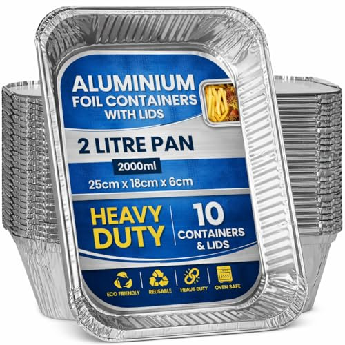 eMKay® 10-Pack Aluminium Foil Containers with Lids – 2 Litre Reusable Foil Trays for Food – Oven & Freezer Safe Tin Containers – for Baking, Cooking, Meal Prep, Takeaway, Storage & Catering
