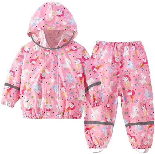 Fewlby Impermeable Niños, Abrigos Impermeables & Pantalones Conjunto de 2 Piezas Chubasquero, Niñas Chaqueta de Lluvia con Capucha Pantalones Impermeables Reutilizable, 1-2 Años