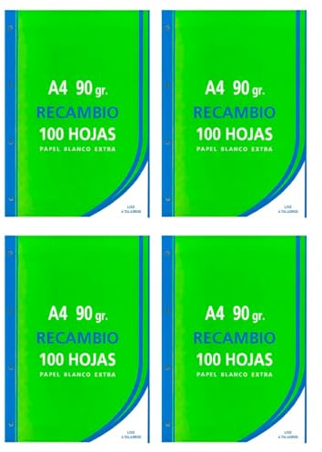 Tradineur - Pack de 400 hojas lisas en blanco A4 perforadas, recambio para archivador, 4 taladros, papel 90 g, material escolar, oficina
