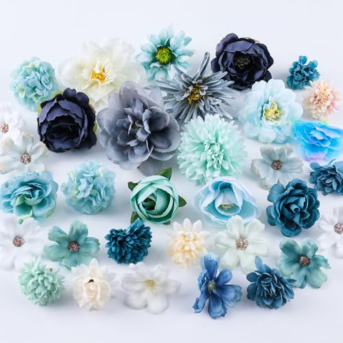 BellaGesundheit 33 Stück Kunstblumen zum Basteln, 2.5~8cm Künstliche Seidenblumen, Mini-Deko-Blumen für DIY Hochzeitsdeko, Party, Scrapbooking, Haarschmuck, Home Decor (Blau)