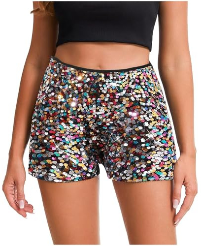 Damen Pailletten Shorts Hohe Taille Elastische Glitzer Party Shorts Fashion Hot Pants