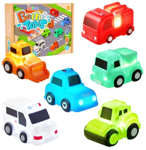 JoiTale Baby Bath Toys, 6 Pack Cars Light Up Bath Toys, No Hole No Mould Bathtub Toy for 1 2 3 Year Olds, Flashing LED Sensory Toy for Toddlers, Bath Time Shower Gifts for Boys and Girls