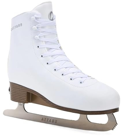 ATTABO OLI Patines de Patinaje Artístico para niños, Ajustables, Color Blanco – Patines de Acero Inoxidable con Punta de Dedo del pie, microhebilla + Correa de Potencia + Cordones Forrados