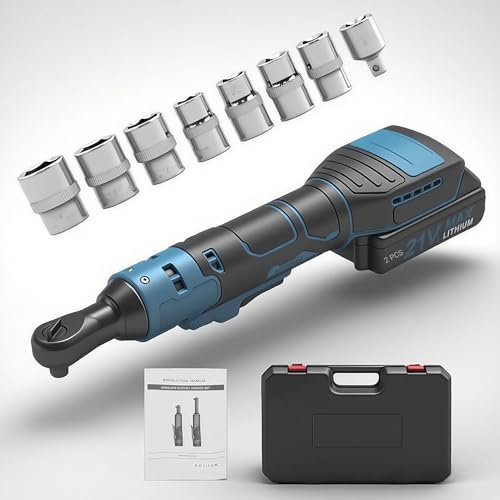 Llave de Carraca Eléctrica Inalámbrica 3/8'' 70N.m 400 RPM, Llave de Trinquete con Bateria 2 X 1300 mAh y Cargador, Incluye 8 Enchufes y Caja de Herramientas para Reparación de Automóviles y DIY