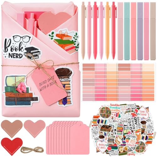 Sabary 6 Set Blind Date with a Book Gift Box Supplies Excluding Books Leather Bookmarks Stickers Kraft Tags Pens Wrapping Papers Easter St. Patrick's Day Book Lovers Club Gifts for Women Men(Pink)