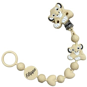 Cadena para chupete de silicona personalizada con nombre – Modelo Bubble Charm – Clip seguro – Idea regalo nacimiento – León